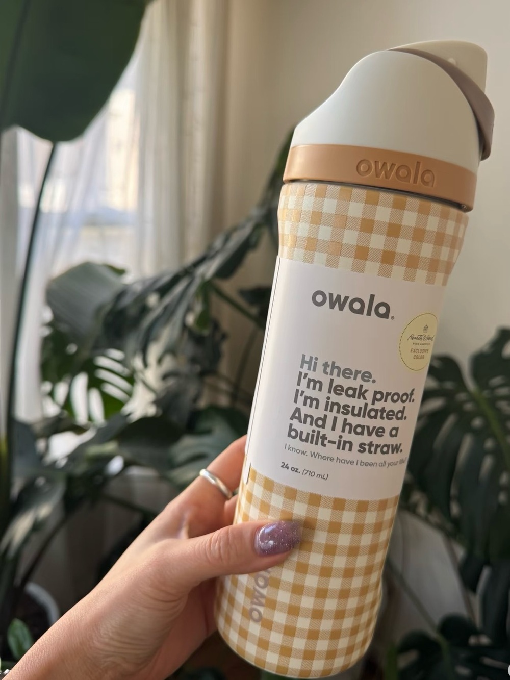 owala Cream & Tan Gingham Insulated Straw Bottle
